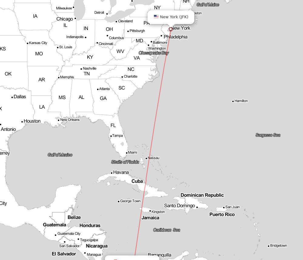 Flight map for JFK-PTY